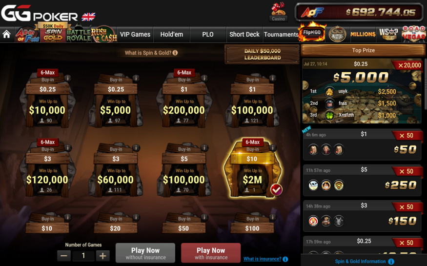 Spin and Gold Lobby at GGPoker